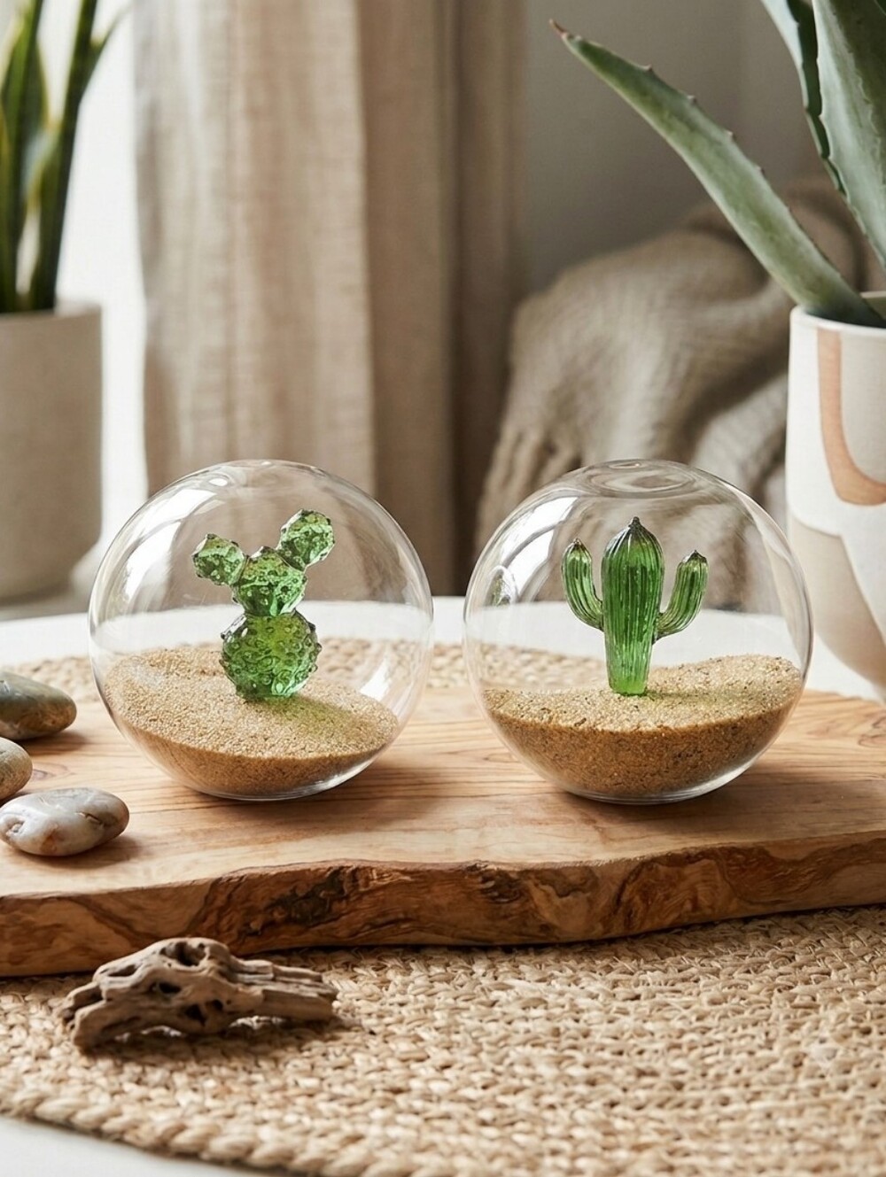 Pier 1 Glass Sphere With Cactus And Sand Set Of 2 Decor Paperweight